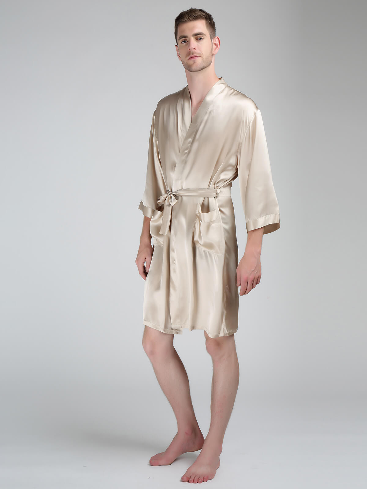 19 Momme Classic Short Silk Kimono Robe For Men - Click Image to Close