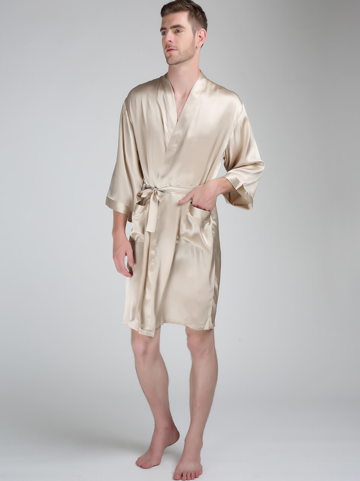 19 Momme Classic Short Silk Kimono Robe For Men