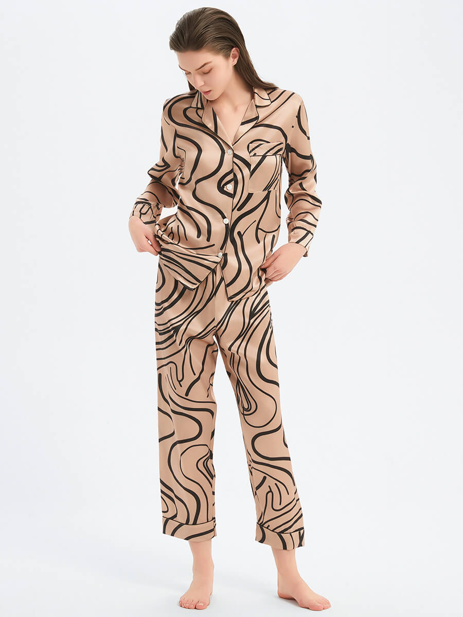 22 Momme Champagne Abstract Lines Print Luxury Silk Pajama Set