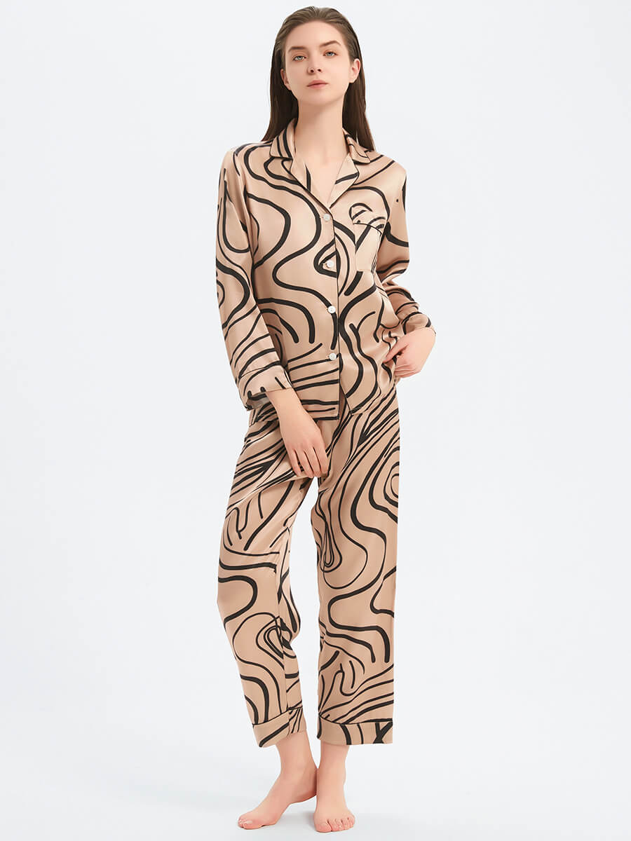22 Momme Champagne Abstract Lines Print Luxury Silk Pajama Set
