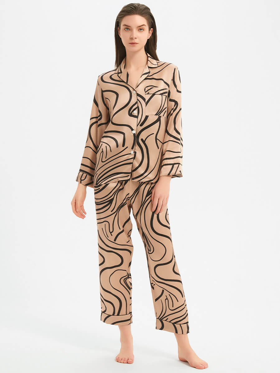 22 Momme Champagne Abstract Lines Print Luxury Silk Pajama Set