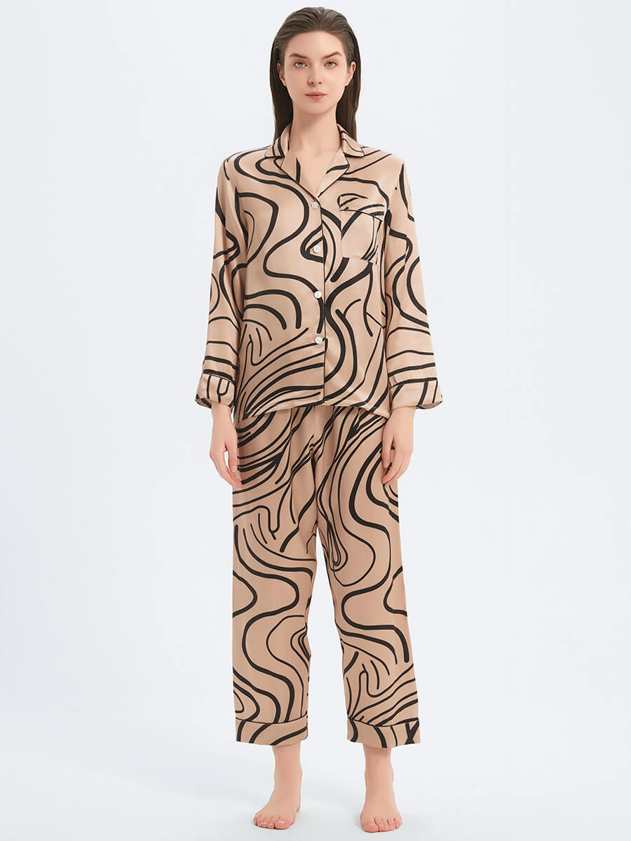 22 Momme Champagne Abstract Lines Print Luxury Silk Pajama Set