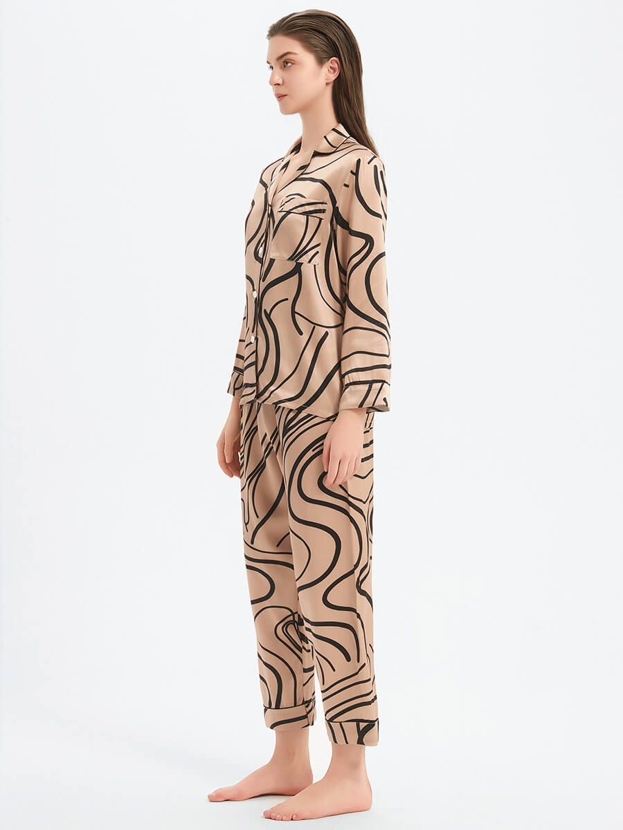 22 Momme Champagne Abstract Lines Print Luxury Silk Pajama Set