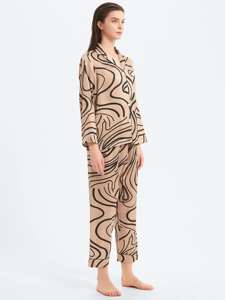 22 Momme Champagne Abstract Lines Print Luxury Silk Pajama Set