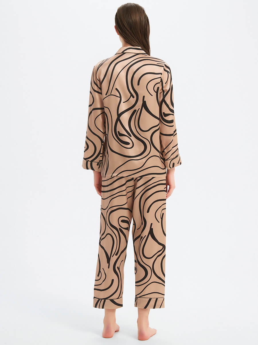 22 Momme Champagne Abstract Lines Print Luxury Silk Pajama Set