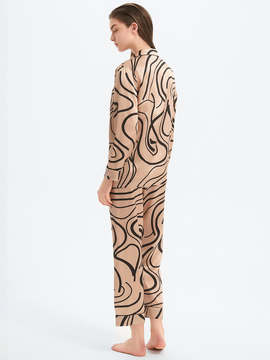 22 Momme Champagne Abstract Lines Print Luxury Silk Pajama Set