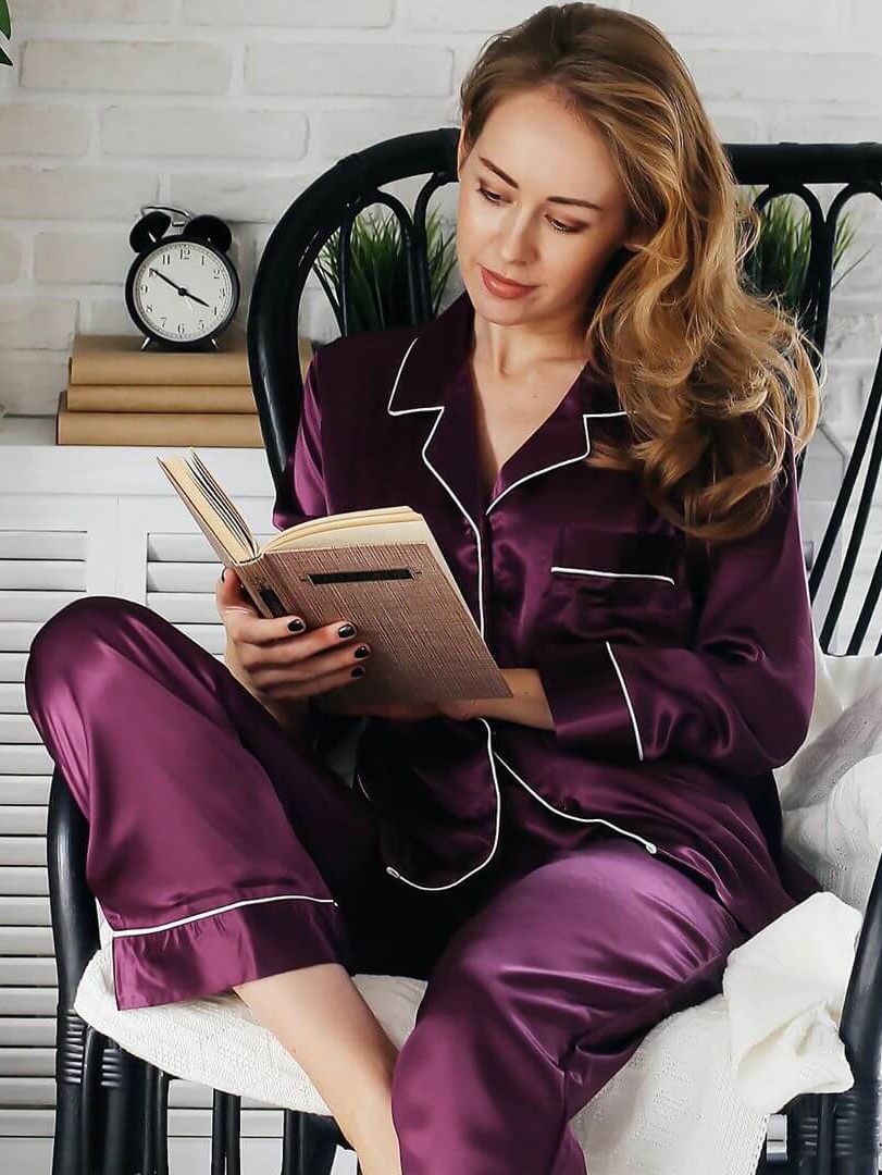 19 Momme Classic Trimmed Long Silk Pajama Set For Women - Click Image to Close