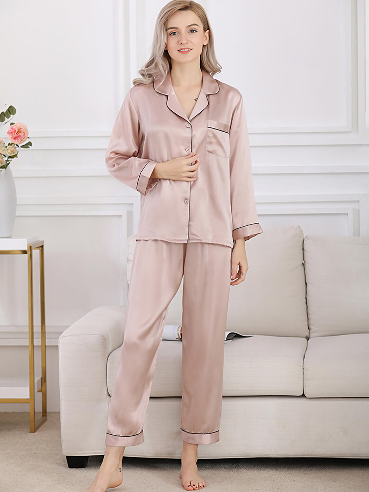 19 Momme Classic Trimmed Long Silk Pajama Set For Women