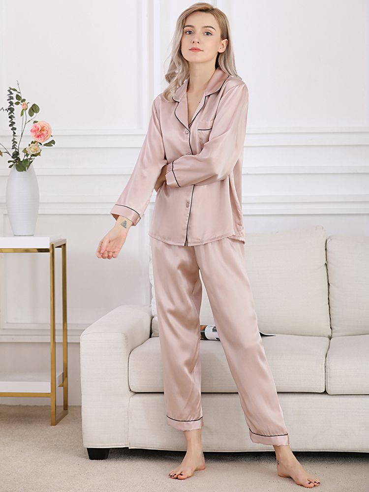 19 Momme Classic Trimmed Long Silk Pajama Set For Women [FS047] - $189.00 :  FreedomSilk, Best Silk Pillowcases, Silk Sheets, Silk Pajamas For Women,  Silk Nightgowns Online Store