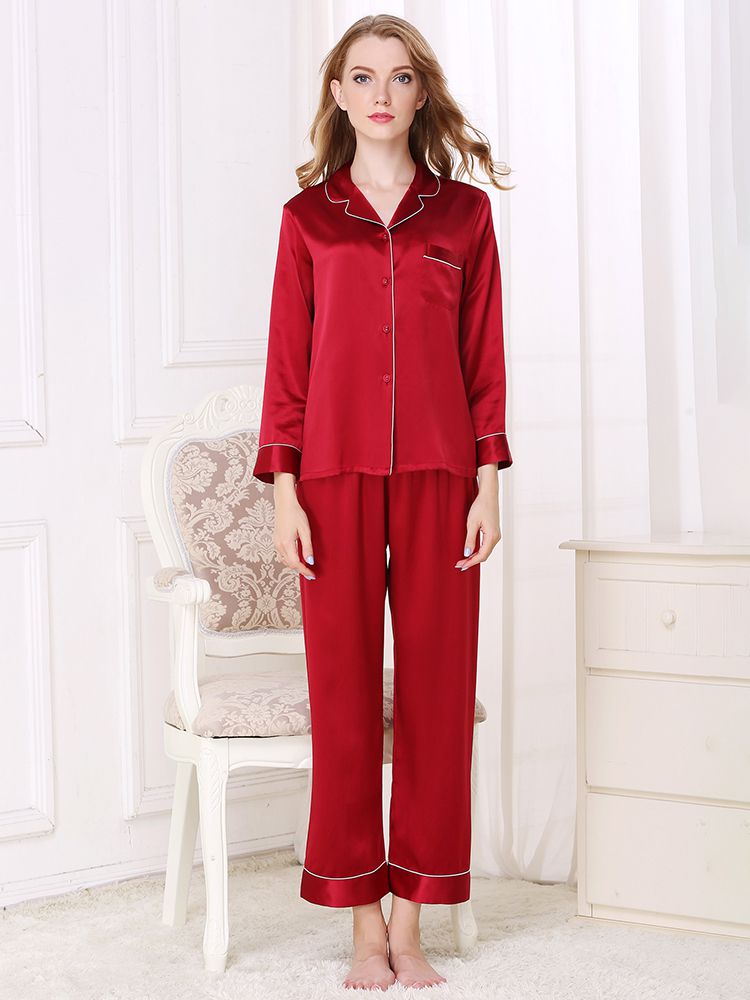 19 Momme Classic Trimmed Long Silk Pajama Set For Women