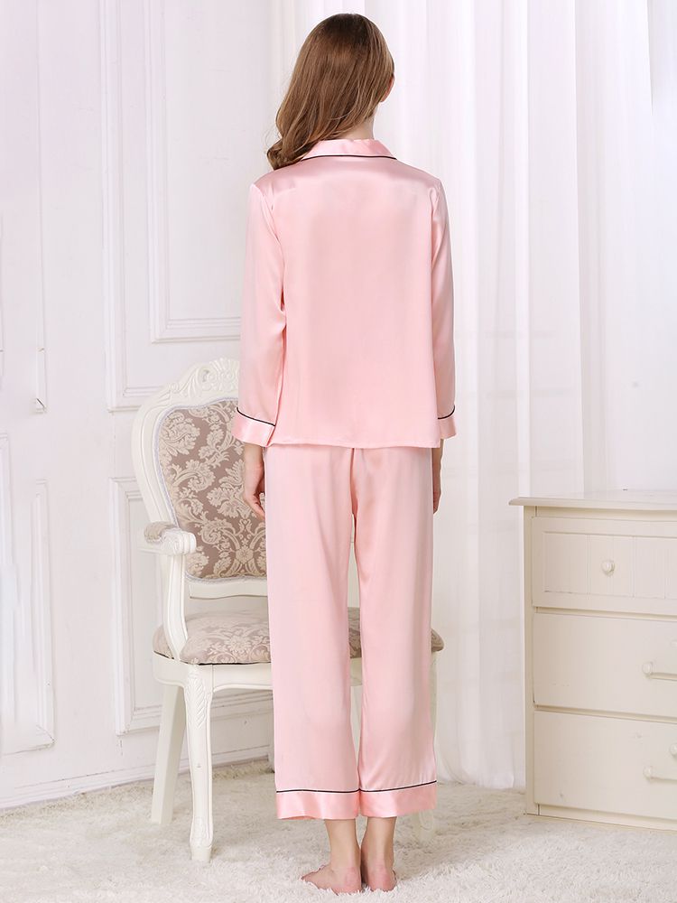 19 Momme Classic Trimmed Long Silk Pajama Set For Women