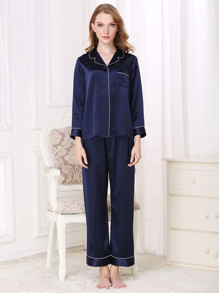 22 Momme Classic Trimmed Long Silk Pajama Set for Women