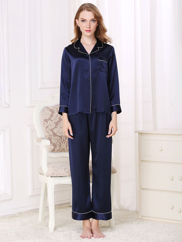 19 Momme Womens Classic Long Silk Pajama Set with Drawstring [FS047 ...