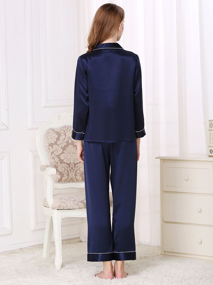 19 Momme Classic Trimmed Long Silk Pajama Set For Women [FS047] - $189.00