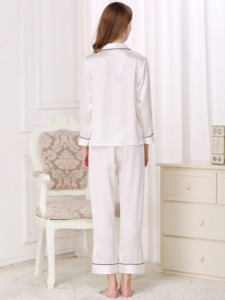 22 Momme Classic Trimmed Long Silk Pajama Set for Women