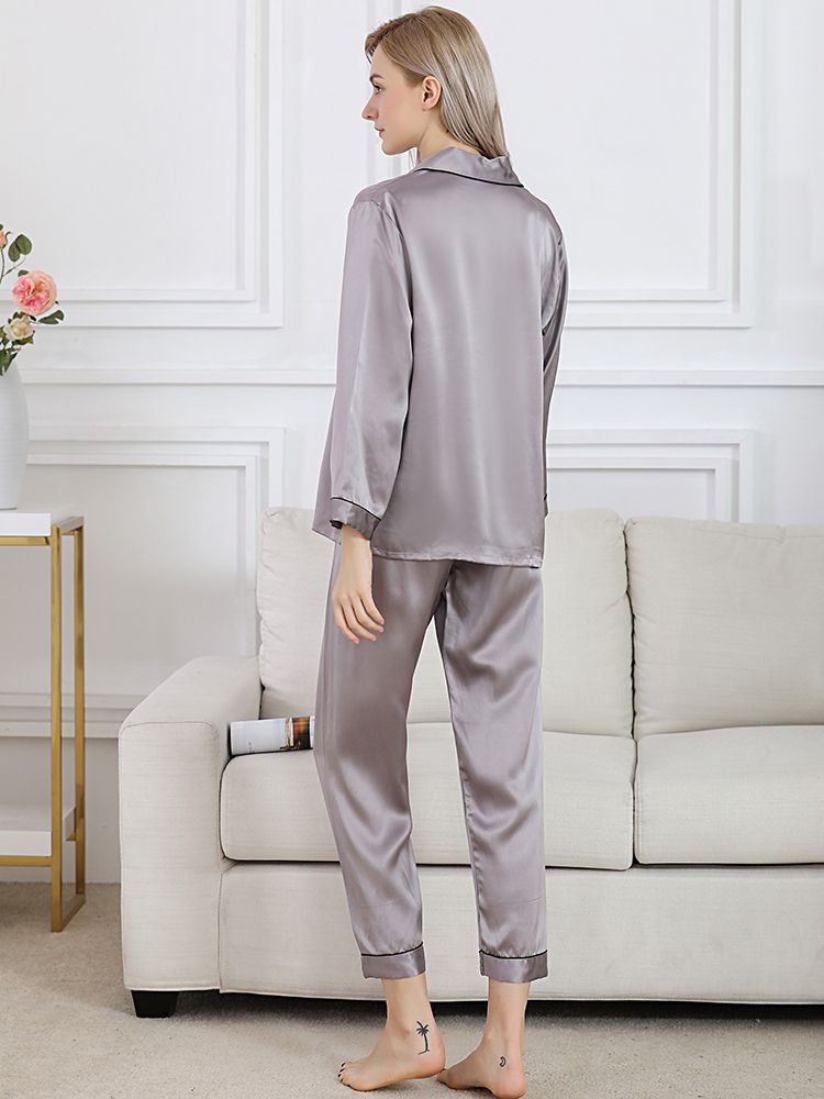 19 Momme Classic Trimmed Long Silk Pajama Set For Women