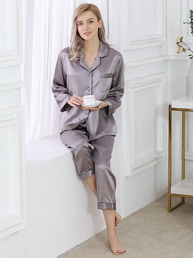 22 Momme Classic Trimmed Long Silk Pajama Set for Women