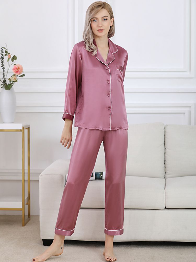 22 Momme Classic Trimmed Long Silk Pajama Set for Women