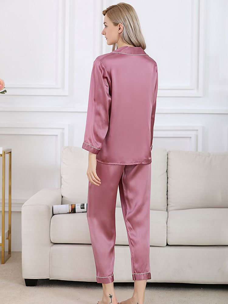 19 Momme Classic Trimmed Long Silk Pajama Set For Women