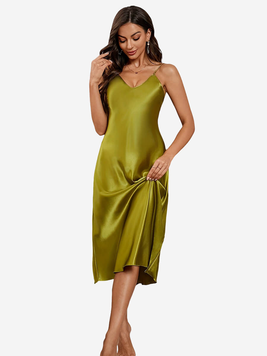 2025 Fall New Olive Green 22 Momme Long Silk Slip Nightgown