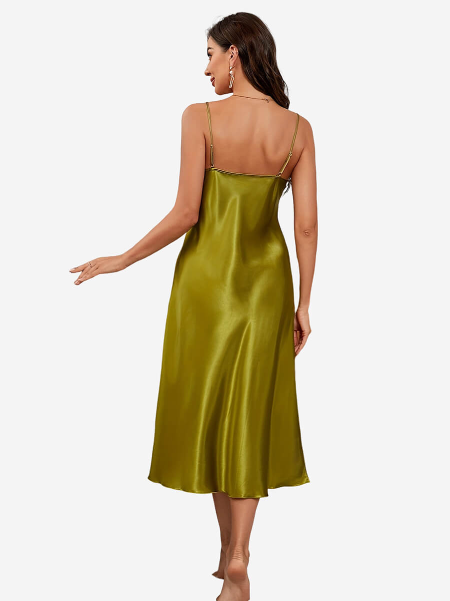 2025 Fall New Olive Green 22 Momme Long Silk Slip Nightgown