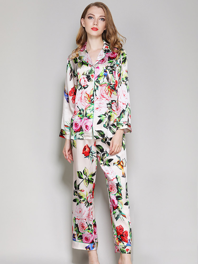 19 Momme Ivory Floral Printed Women Silk Pajama Set