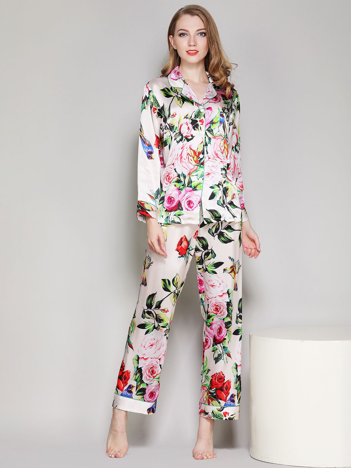 19 Momme Ivory Floral Printed Women Silk Pajama Set