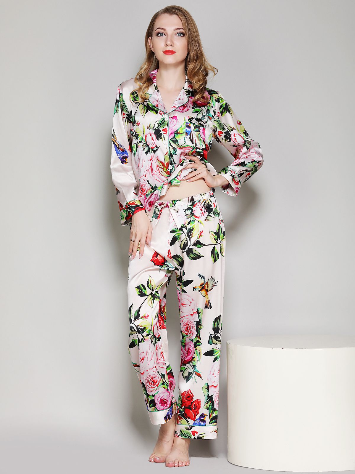 19 Momme Ivory Floral Printed Women Silk Pajama Set