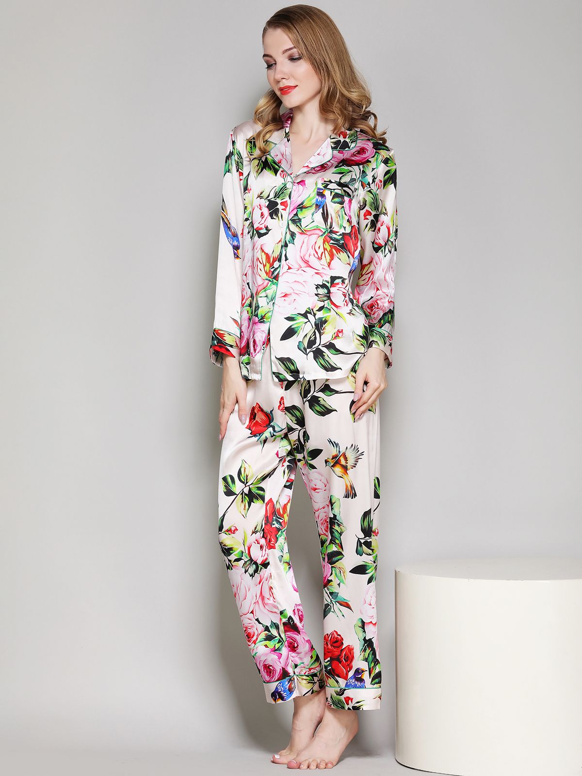 19 Momme Ivory Floral Printed Women Silk Pajama Set
