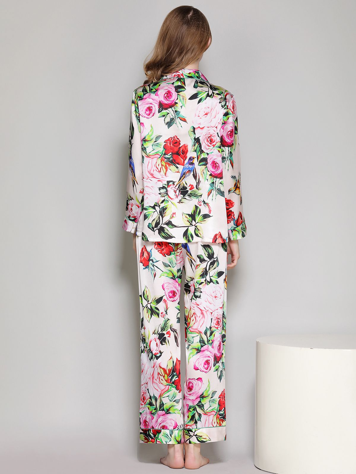 19 Momme Ivory Floral Printed Women Silk Pajama Set