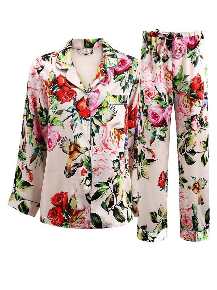 19 Momme Ivory Floral Printed Women Silk Pajama Set