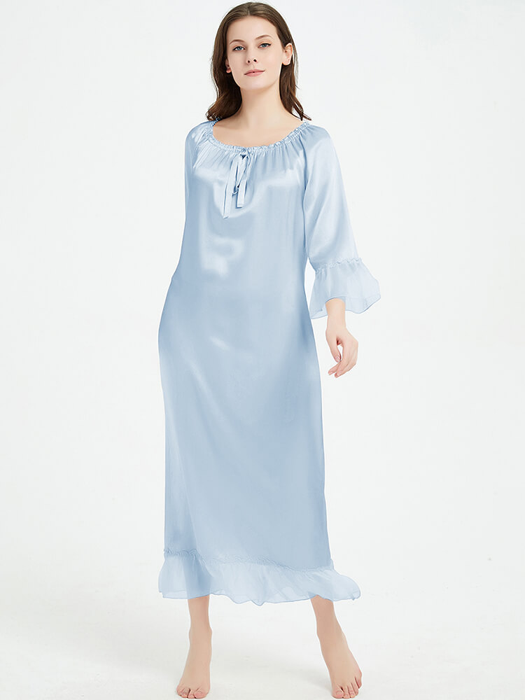 19 Momme Vintage Long Silk Nightdress With Ruffles - Click Image to Close