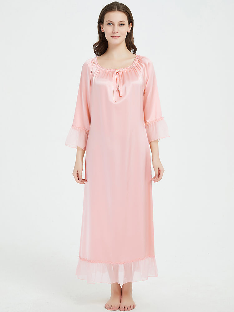 19 Momme Vintage Long-Sleeve Silk Nightgown with Chiffon Ruffles