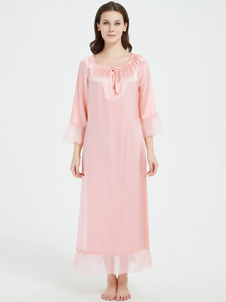 22 Momme Elegant 3/4 Sleeve Ruffled Long Silk Nightgown
