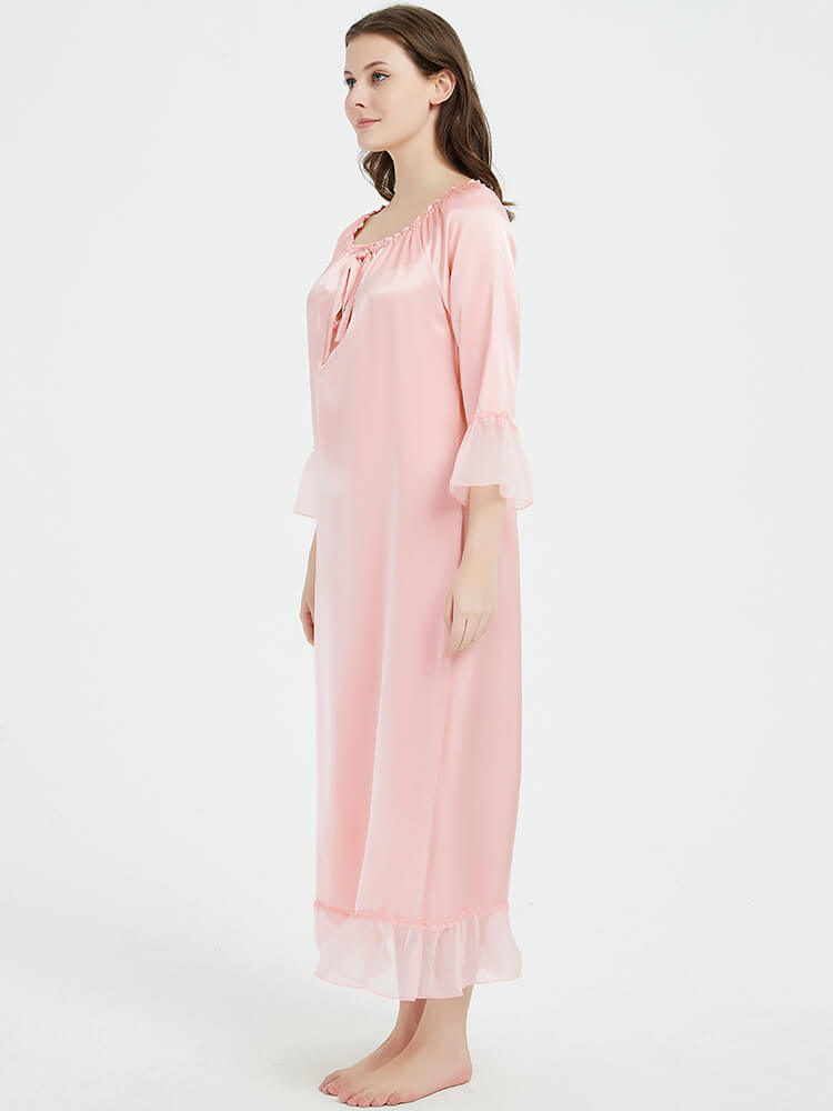 22 Momme Elegant 3/4 Sleeve Ruffled Long Silk Nightgown