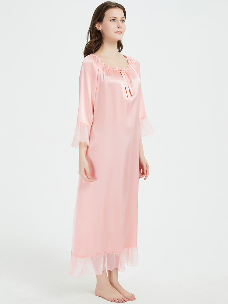 19 Momme Long Sleeve Full Length Silk Nightgown with Ruffles