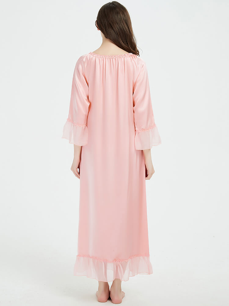 22 Momme Elegant 3/4 Sleeve Ruffled Long Silk Nightgown