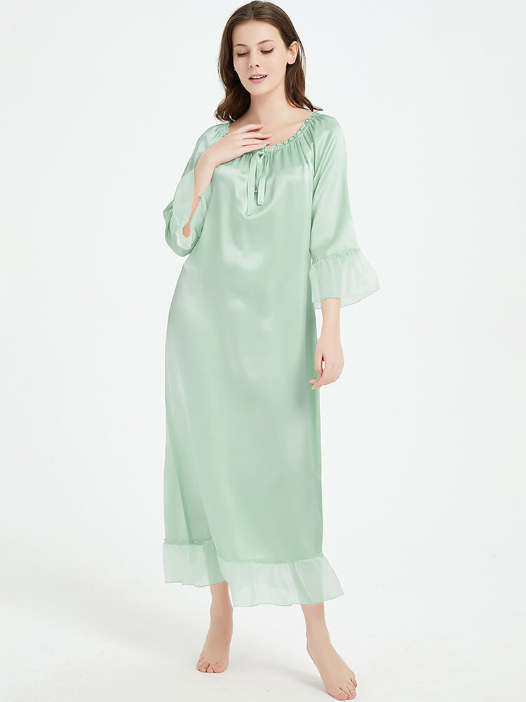 19 Momme Vintage Long Silk Nightdress With Ruffles