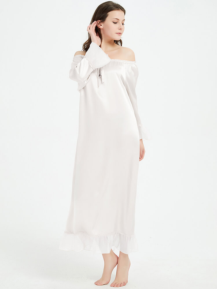 22 Momme Elegant 3/4 Sleeve Ruffled Long Silk Nightgown