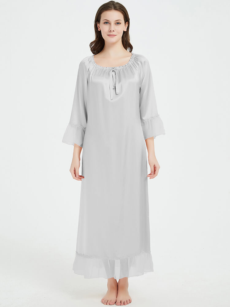 22 Momme Elegant 3/4 Sleeve Ruffled Long Silk Nightgown