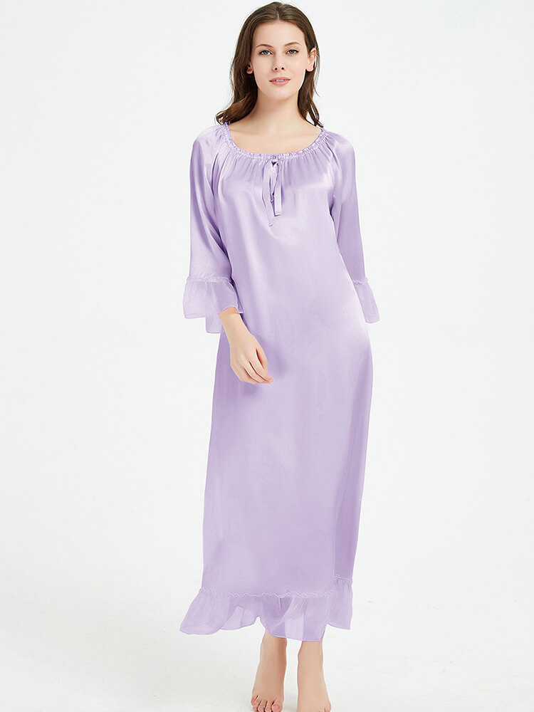 19 Momme Long Sleeve Full Length Silk Nightgown with Ruffles
