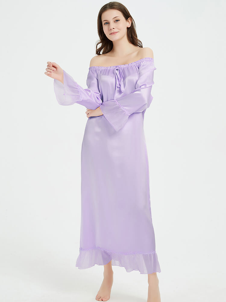 19 Momme Vintage Long Silk Nightdress With Ruffles