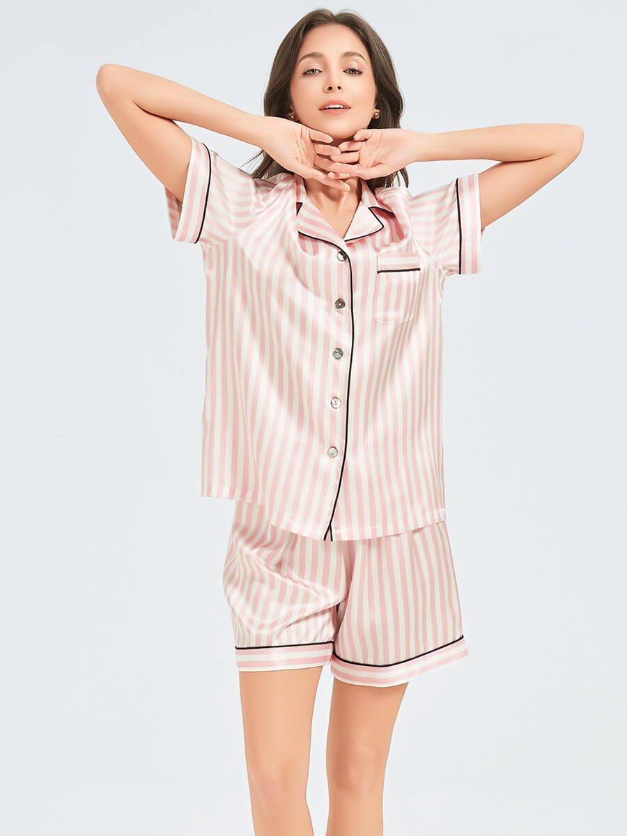 Pink and White Striped Silk Pajama Shorts Set With Black Trim