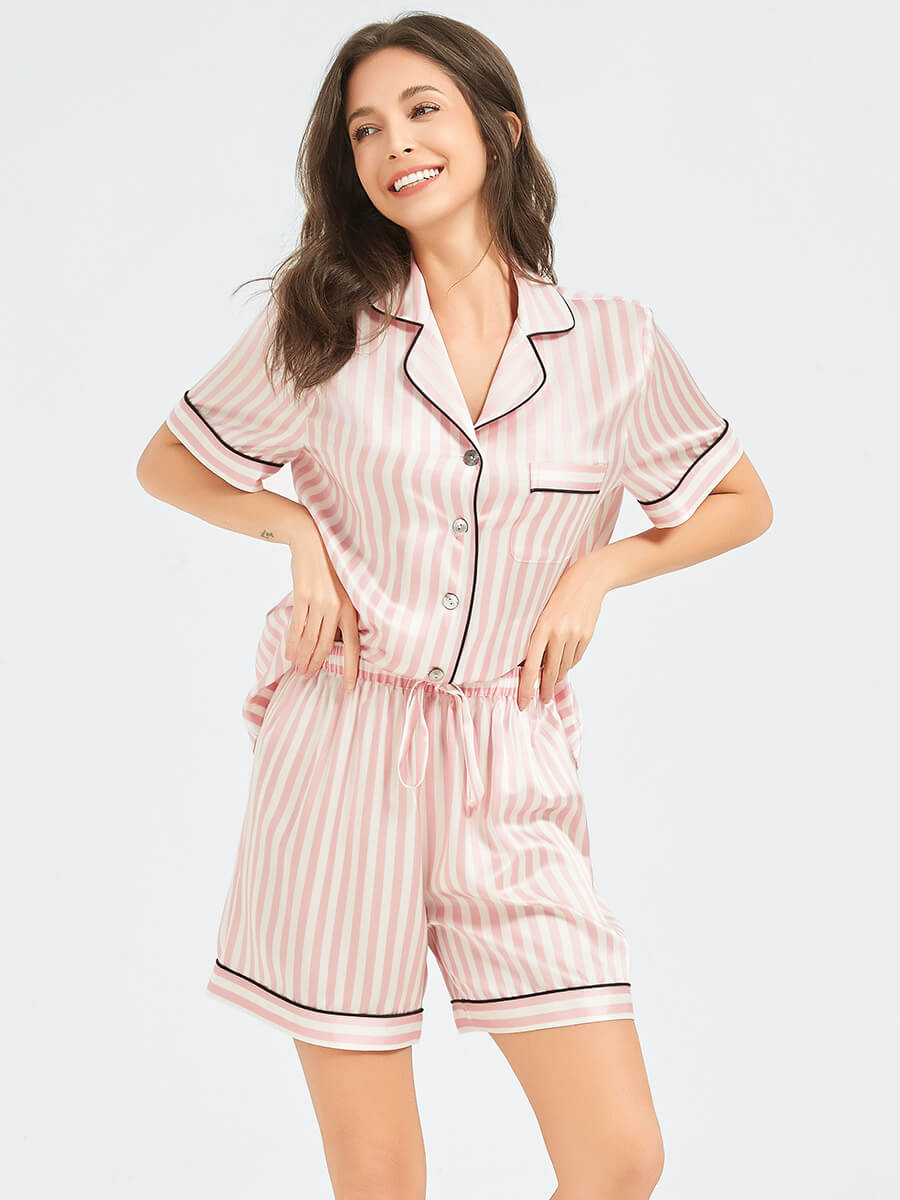 Pink and White Striped Silk Pajama Shorts Set With Black Trim