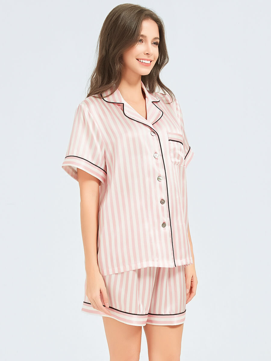 Pink and White Striped Silk Pajama Shorts Set With Black Trim