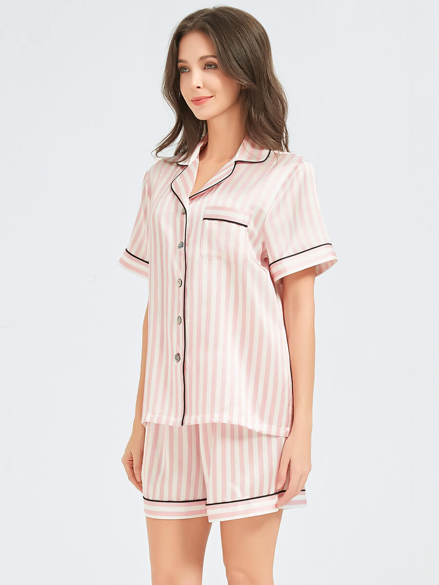 Pink and White Striped Silk Pajama Shorts Set With Black Trim