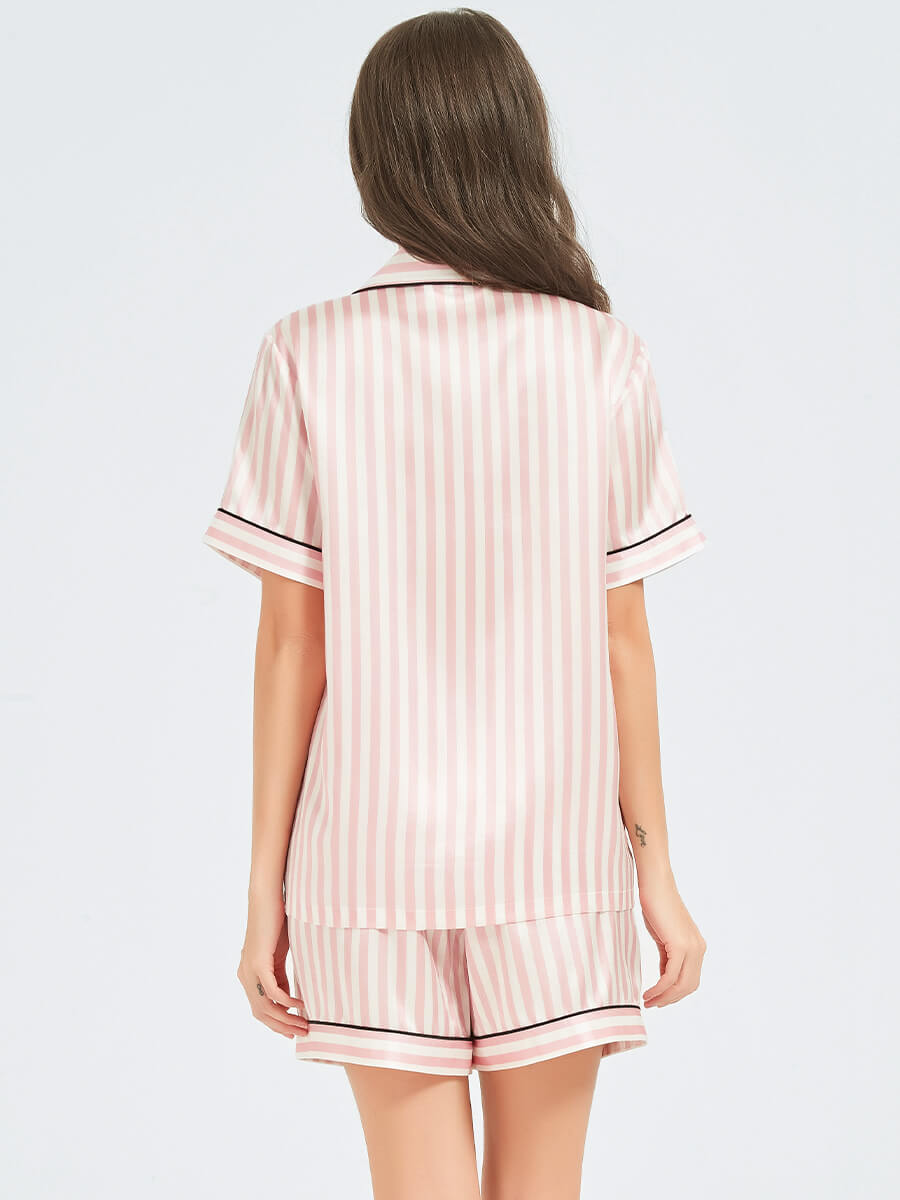 22 Momme Pink and White Striped Printed Silk Pajama Shorts Set