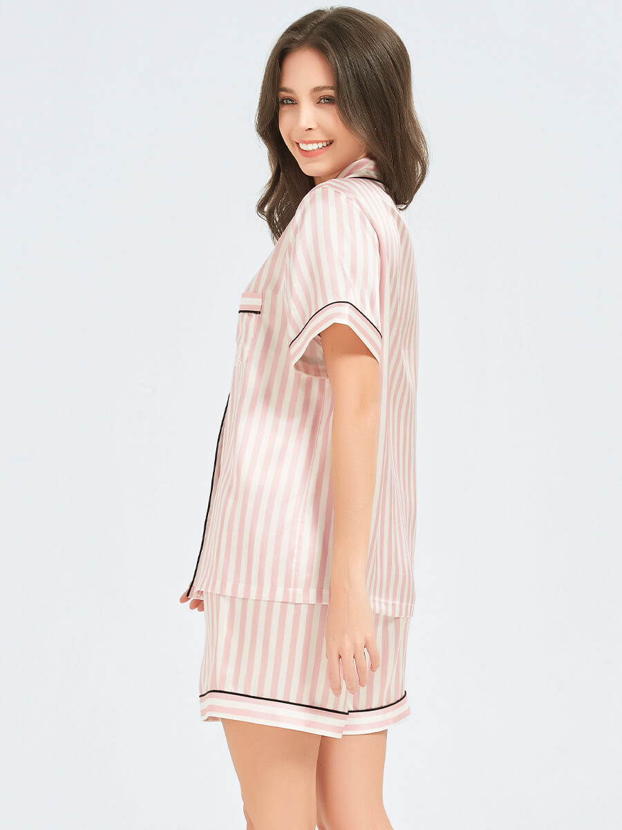 22 Momme Pink and White Striped Printed Silk Pajama Shorts Set