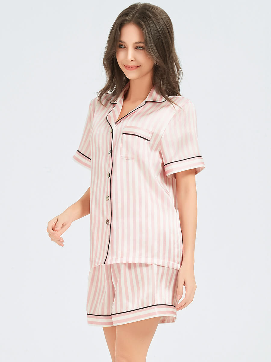 22 Momme Pink and White Striped Printed Silk Pajama Shorts Set