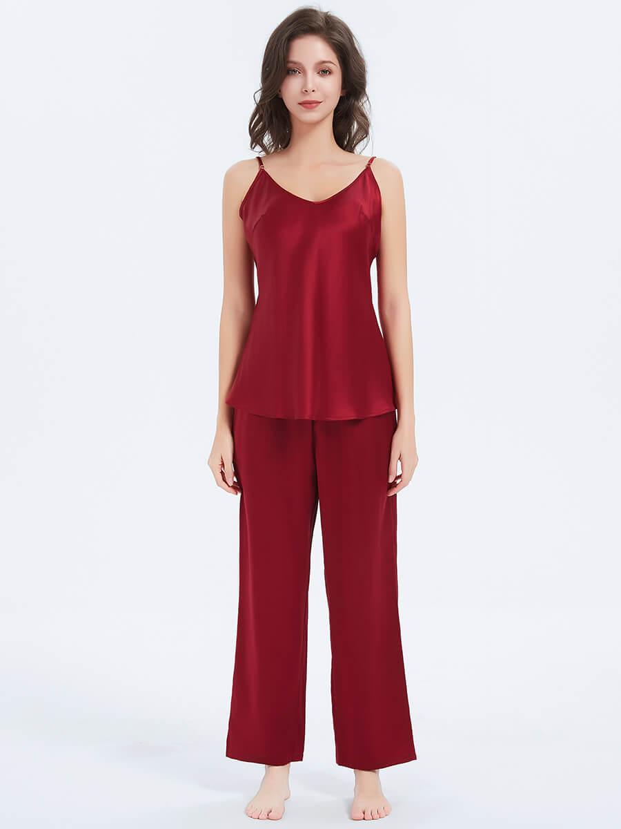 19 Momme Pure Mulberry Silk Camisole And Pants Pajamas Set - Click Image to Close